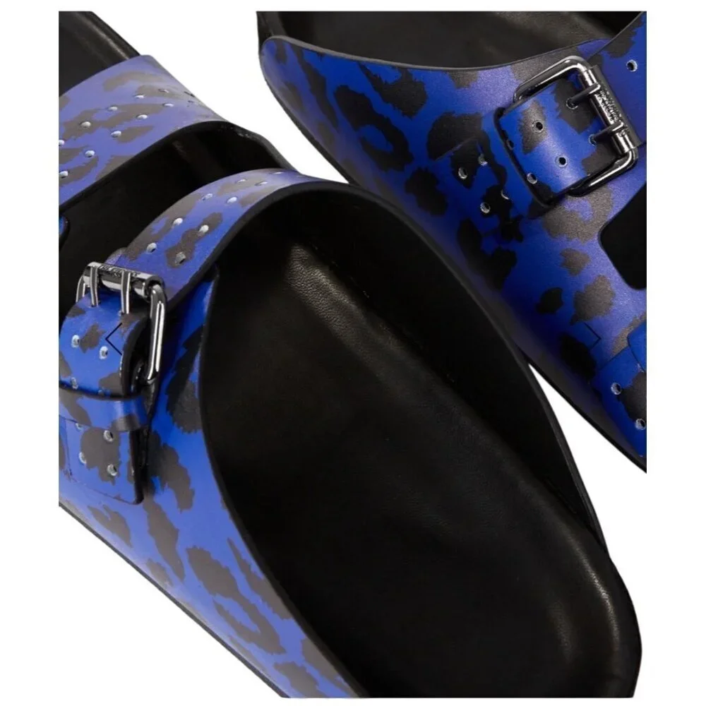 Blue Leopard-Print Leather Sandals With Adjustable Buckles & Stud Details By The